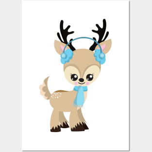 Christmas Reindeer, Cute Reindeer, Blue Scarf Posters and Art